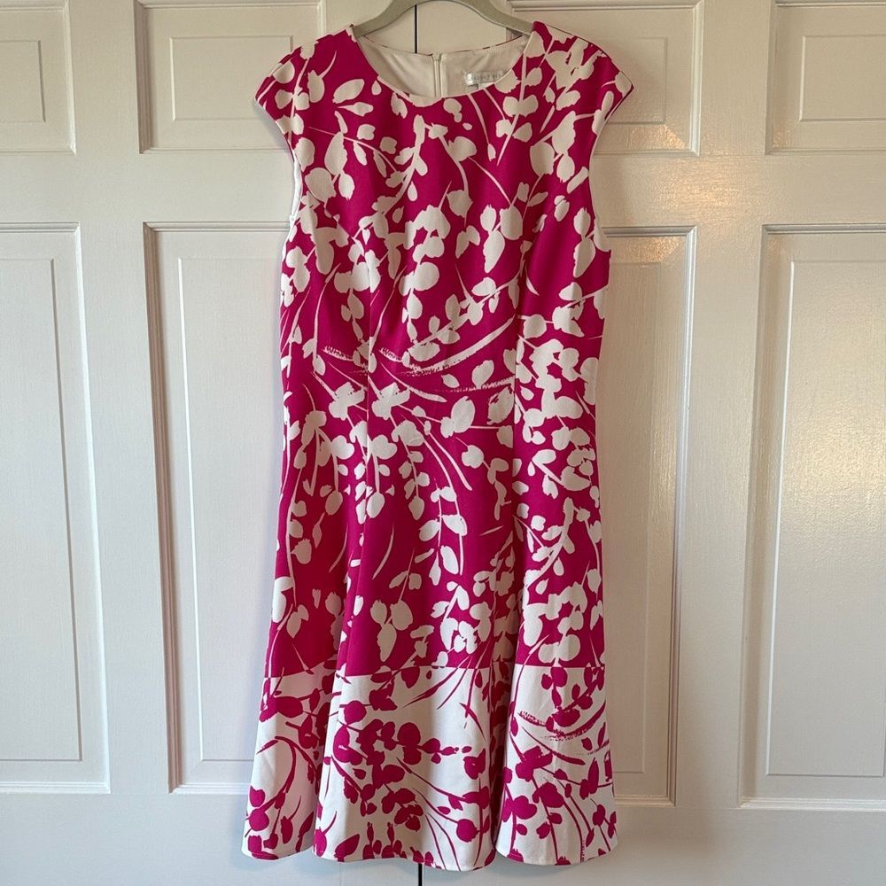 London Times Hot Pink White Floral Fit Flare Dress Size 12 Spring Office Party